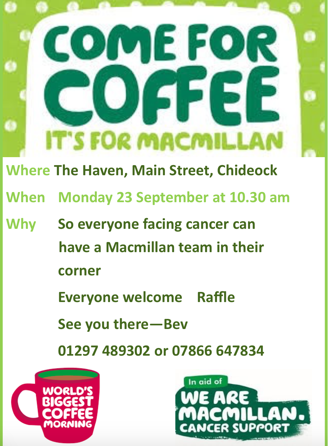 MacMillan Coffee Morning Monday 23rd September Chideock and Seatown